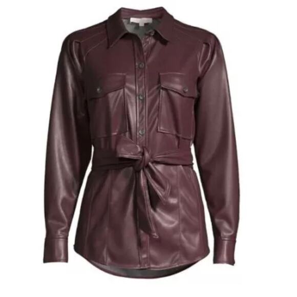 Rebecca Taylor Faux Vegan Leather Oxblood Shirt Jacket With Tie Medium - Picture 1 of 6